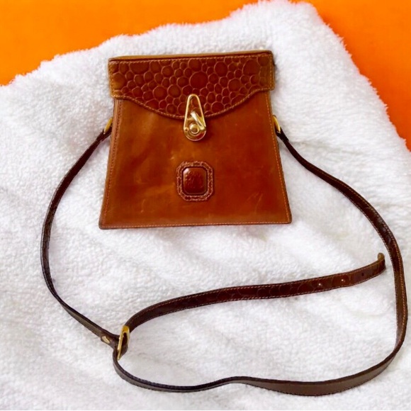 Linea Gani Brown Leather Hard Case Handbag Vintage 70's Crossbody Croc Trim - Picture 2 of 15